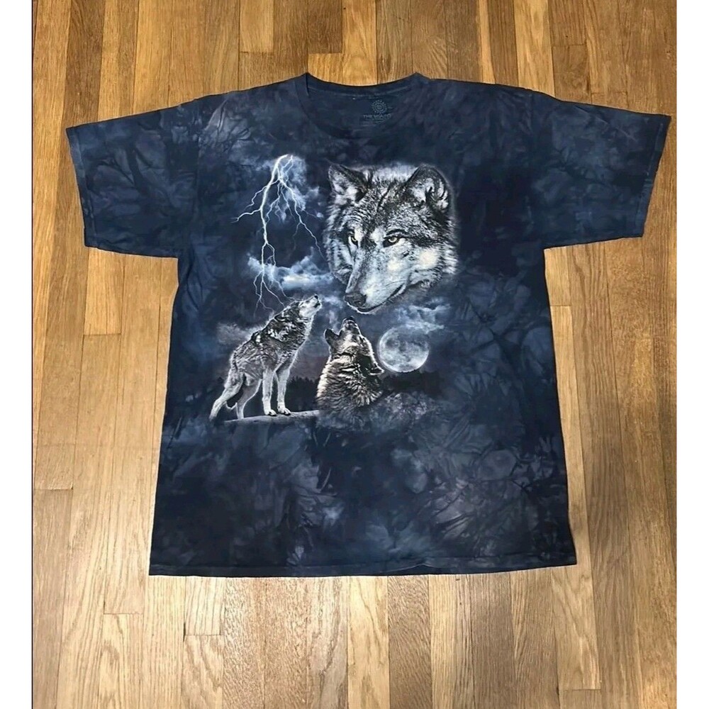 The Mountain Three Wolf Moon T-Shirt XL Blue Tie Dye Lightning Graphic Tee 90s